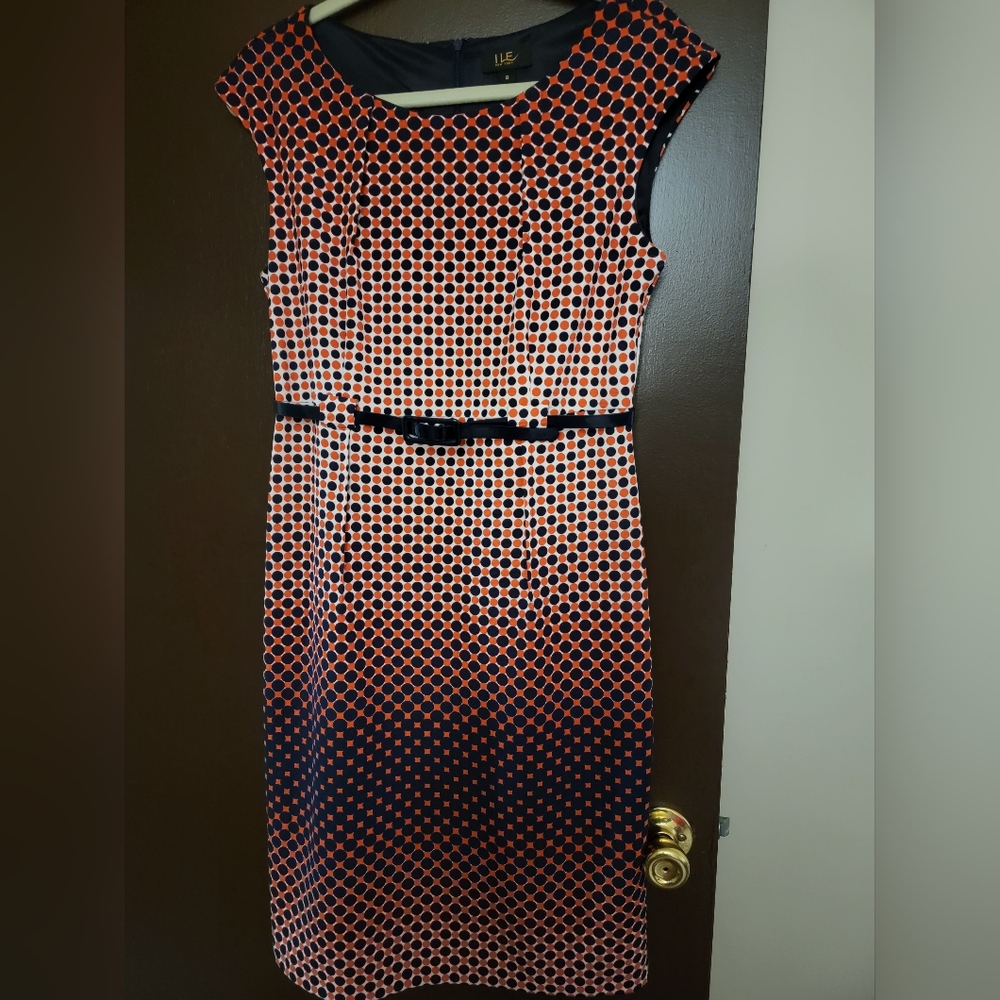 Business casual dress, blue and orange, polka dot, size 8,